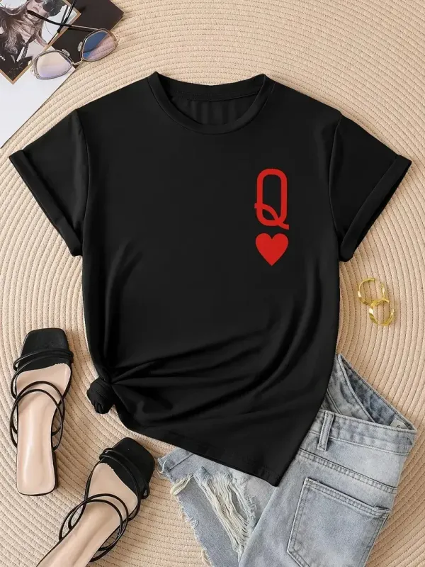 Q & Heart Print Crew Neck T-Shirt, Casual Short Sleeve Top For Spring & Summer, Women's Clothing Cotton  shirts for women