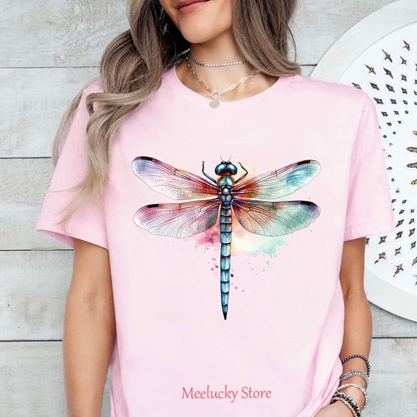 Dragonfly print pattern 2024 summer women's round neck pure cotton comfortable top, simple and versatile women's T-shirt