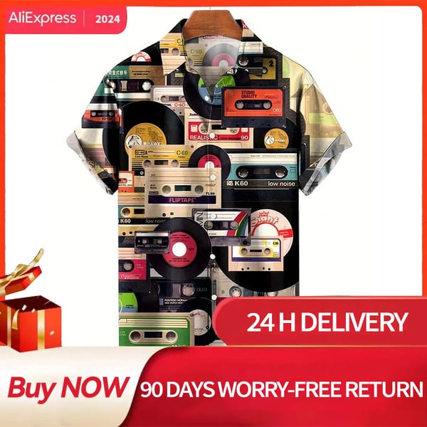 Summer Casual Daily Loose Shirt Retro Record Cassette Print Men's Clothing Fashion Versatile Top Suitable Street Vacation Beach