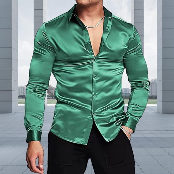 Men Shirt Comfortable Men Shirt Stylish Men's Slim Fit Satin Shirts Solid Color Lapel Tops with Long Sleeves Button for Casual