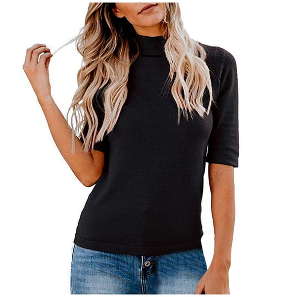 Women'S Long Sleeve Top Summer Small High Neck Tees Solid Colour Half Sleeve Casual T-Shirt Elegant Slim Fit Versatile T-Shirt