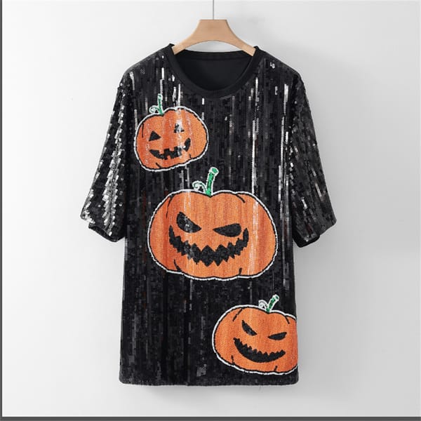 Women Sequins Round Neck Short Sleeve Halloween Shirts Streetwear Female pumpkin T-Shirt Hip Hop Straight Women's Tops