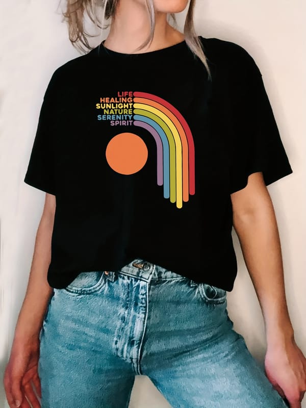 Letter & Rainbow Print T-shirt, Short Sleeve Crew Neck Casual Top For Summer & Spring, Women's Clothing