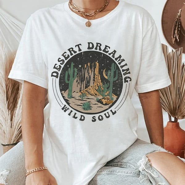 Vintage Desert Dreaming Cute Print Fashion Short Sleeved Women's Summer Print Pattern T-Shirt Casual Women's Print Western T-Shi