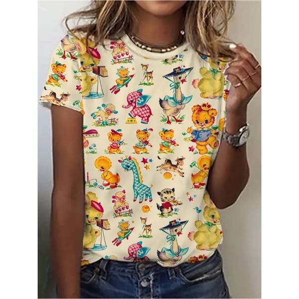 Women's T-Shirt Color Cute Animal Print Design Harajuku Casual Trend Short Sleeved Top Fashion Plus Size Women's Clothing