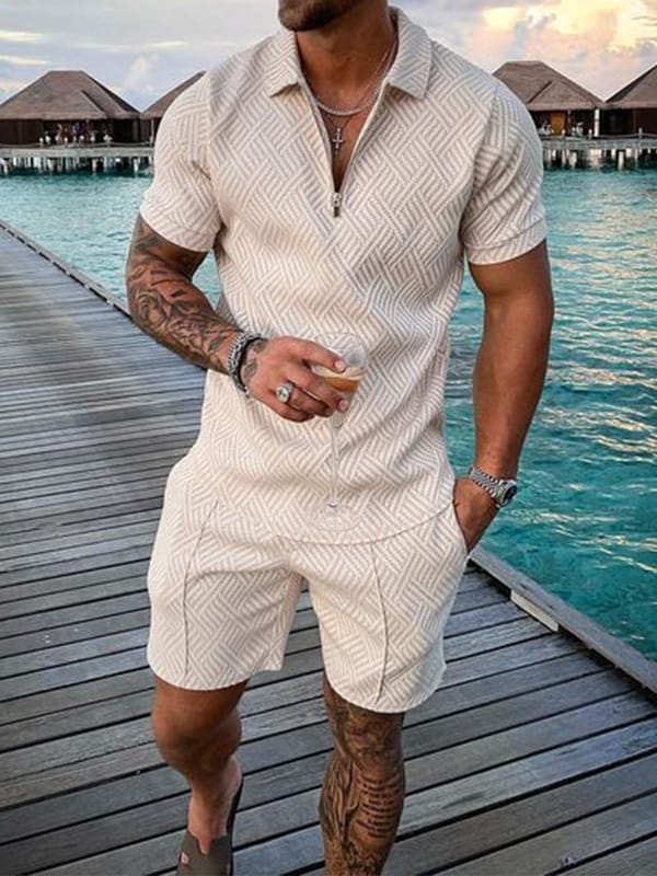 2023 New Summer Men's Shorts Set Short Sleeve Zip Polo Shirt Street T-shirt Two Piece Casual Sportswear