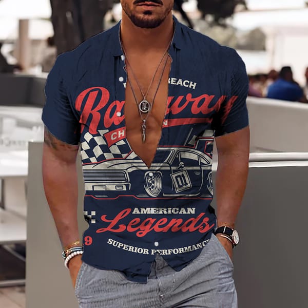 Summer Men's Shirts Fashion Cool Car Bike Print Racing Shirts V-Neck Short Sleeves Oversized Men's Clothing Loose Camisa Blouse