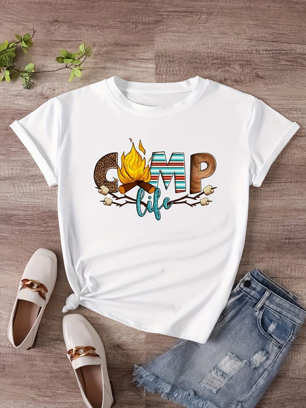 Plus Size Camp Life Print T-shirt, Casual Short Sleeve Crew Neck Top For Spring & Summer, Women's Plus Size Clothing