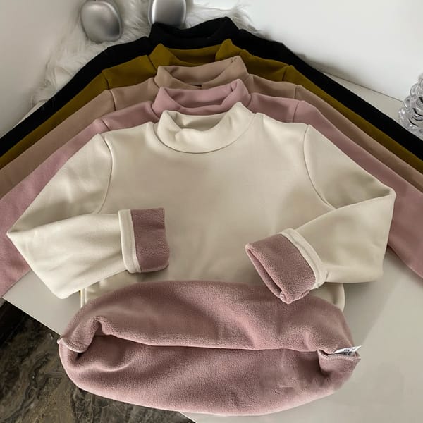 Women's Fleece Pullovers Fall Winter Korean Style Solid Color Half High Collar Simple Casual All-Matched Thick T-Shirt