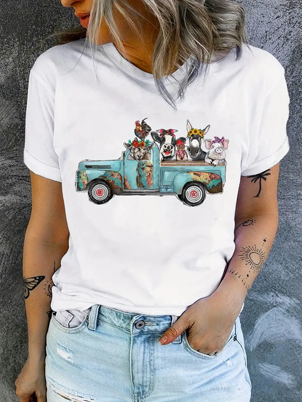 Cartoon Pickup Animals Creative Design Graphic Funny T-Shirt Summer Women's Shirt Fashion Round Neck Short Sleeve Casual Top
