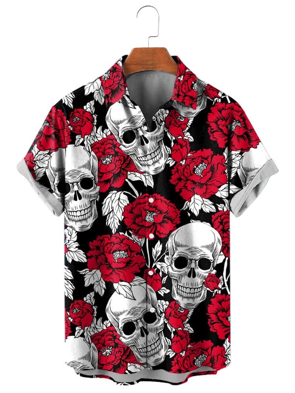 Fashion Skull Floral Men's Shirts Funny Skull 3D Print Streetwear Short Sleeve Tees Hawaiian Shirt Print Lapel Shirts For Men