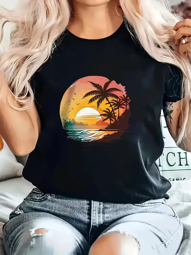 Sea Sunset Coconut Tree Printed Short Sleeved Casual Women's Fashion Women's Pattern T-shirt Women's Summer T-shirt