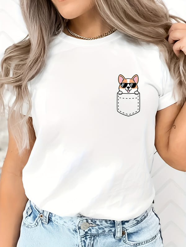 Dog Print T-shirt, Casual Short Sleeve Crew Neck Top For Spring & Summer, Women's Clothing