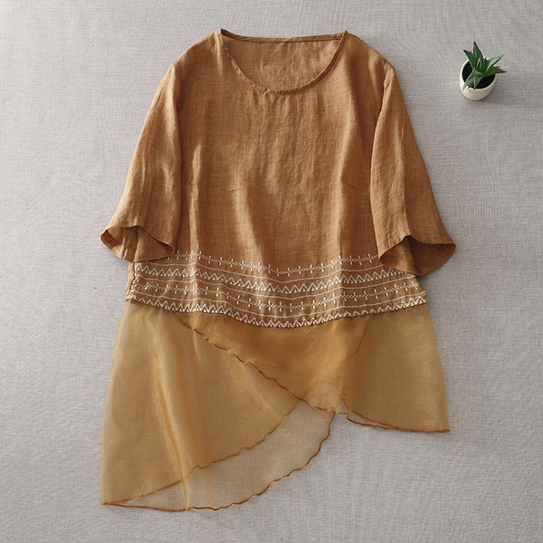 2023 Summer New Women's Shirts Cotton and Hemp Oversize Solid Loose Casual Mid Sleeve Shirt and Blouses for Women FEW6986
