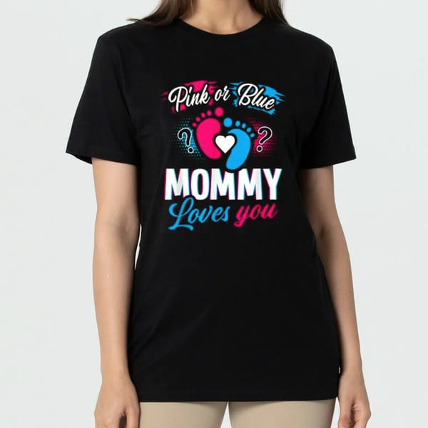New Tee Cute Pink Or Blue Mommy Loves You-Gender Reveal Party Idea Lotus Leaf Neck Women's T-Shirt Cute Elegant O NECK Tops Tees