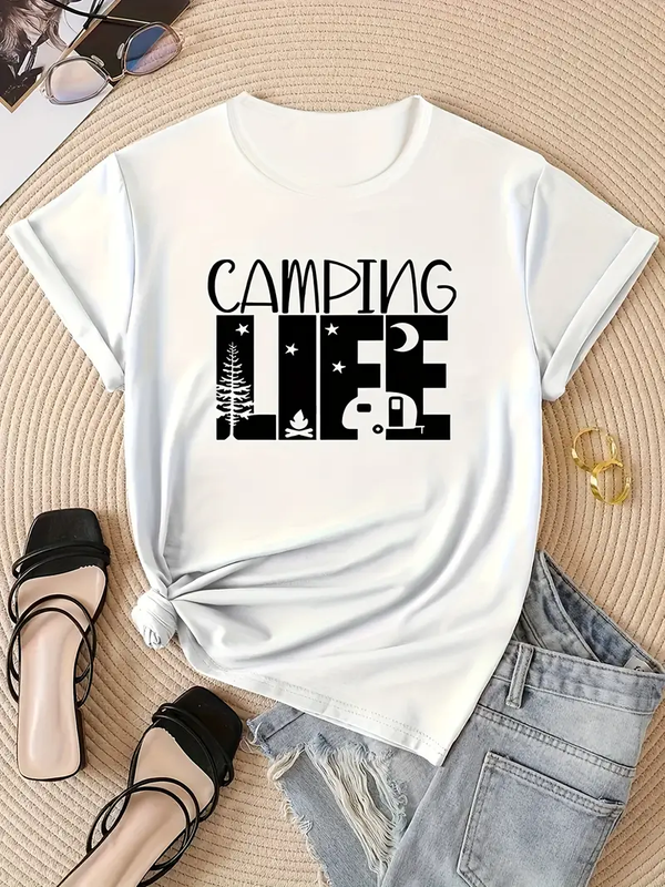 Camping Life Printed Short Sleeved Casual Women's Fashion Women's Pattern T-shirt women's printed summer T-shirt