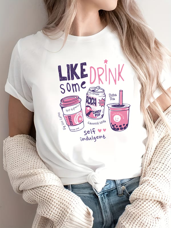 Drinks Print Crew Neck T-shirt, Short Sleeve Casual Top For Spring & Summer, Women's Clothing