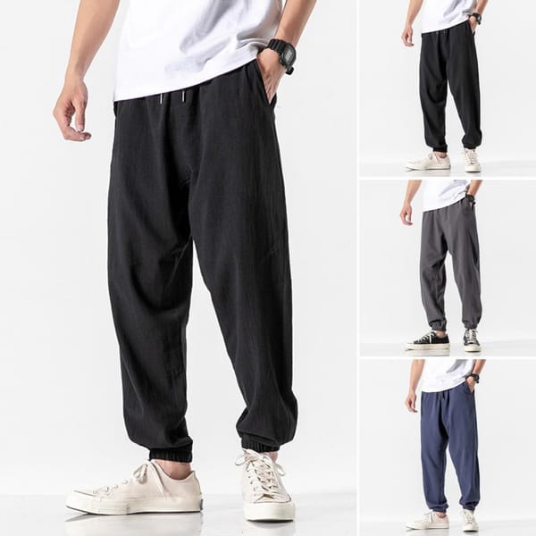 Men Sweatpants Retro Men's Ninth Pants with Side Pockets Drawstring Waist for Gym Training Jogging Solid Color Long for Track