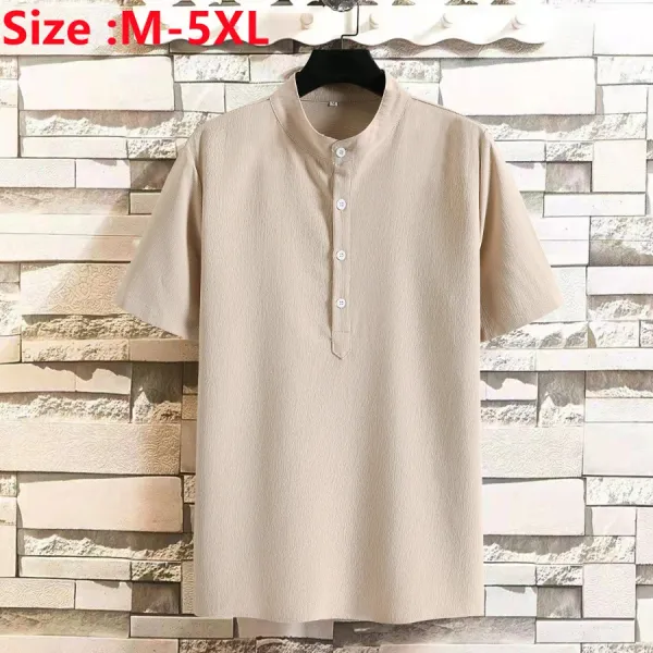 2024 Men's Summer Casual Cotton Linen Shirt Solid Oversized  Men's Button Neck Short Sleeve Loose Shirt Male T Shirts Tees Tops
