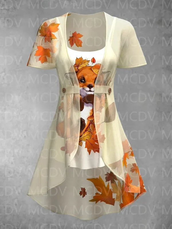 Women's Maple Fox Through Yarn Two Piece Suit Top 3D All Over Printed Women For Girl Tee Tops shirts